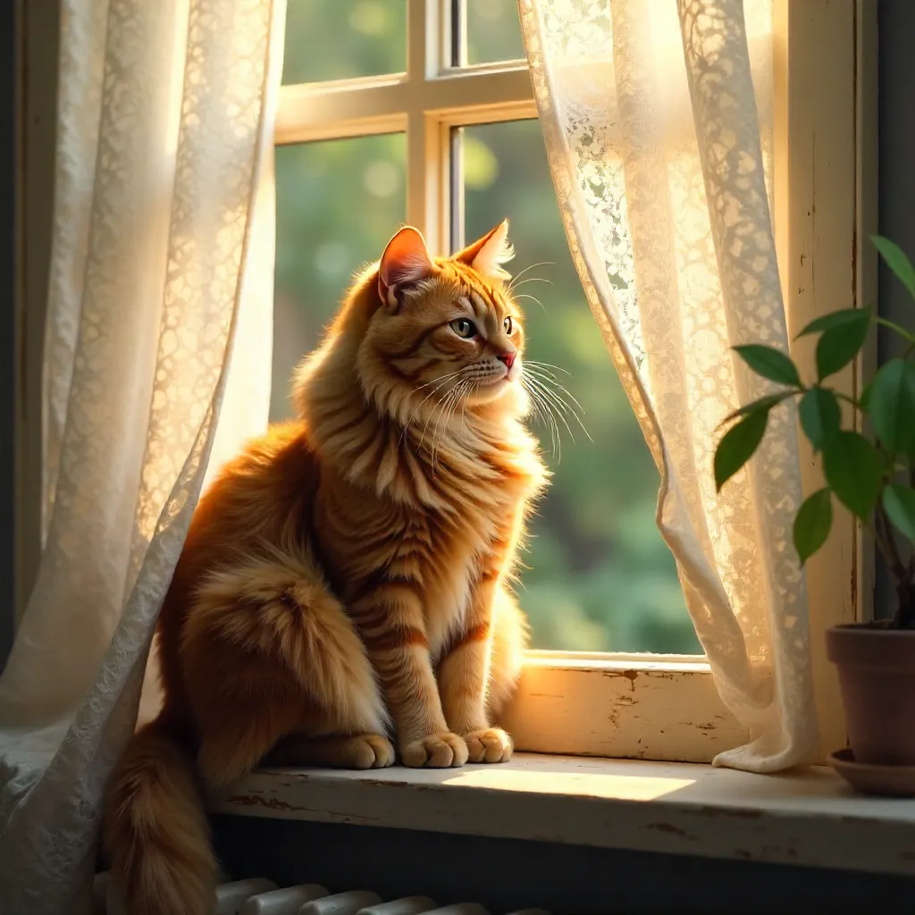 Sunlit Ginger Cat by Lace Window