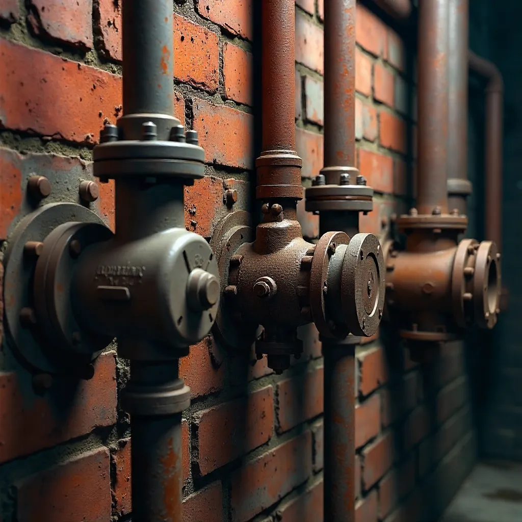 Industrial Brick Wall with Valves and Pipes