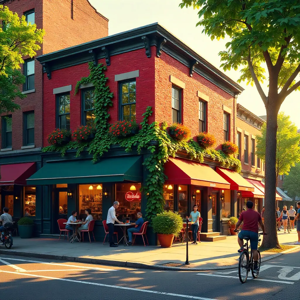 Vibrant Red Brick Corner with Lush Greenery