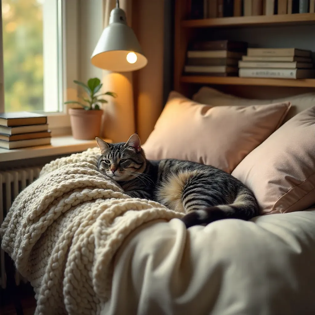 Grey Tabby Cat in a Cozy Bed Among Books