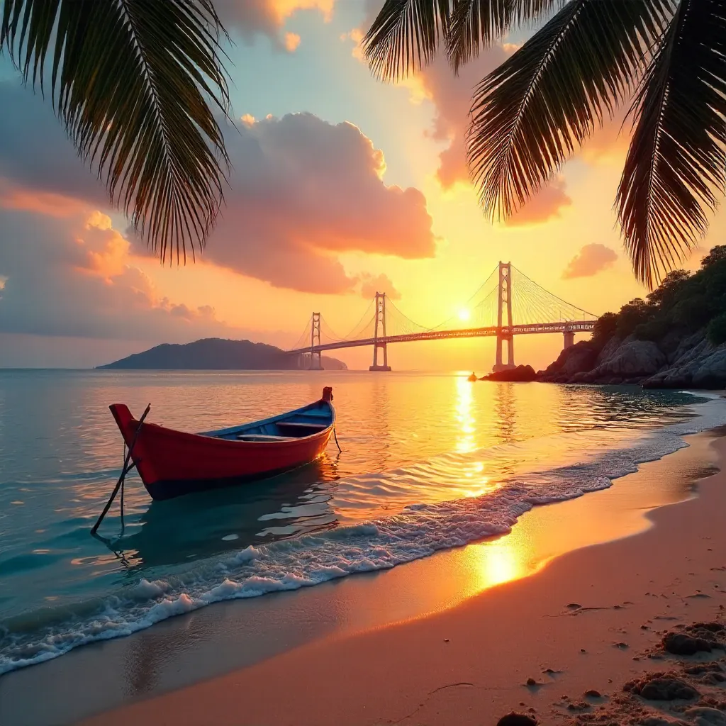 Sunset Over Quy Nhơn Beach with a Modern Cable-Stayed Bridge