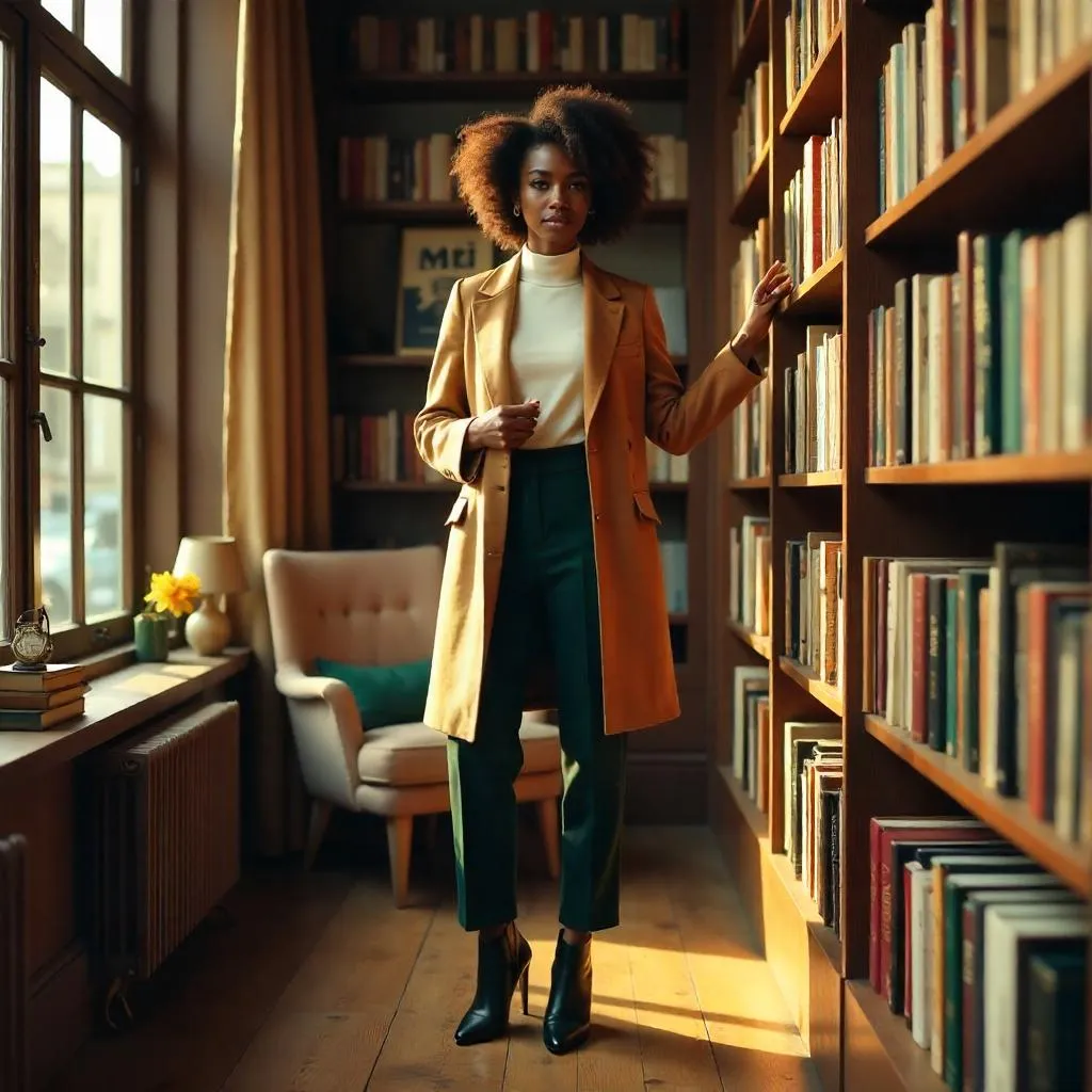 Stylish Black Woman in a Cozy Bookstore