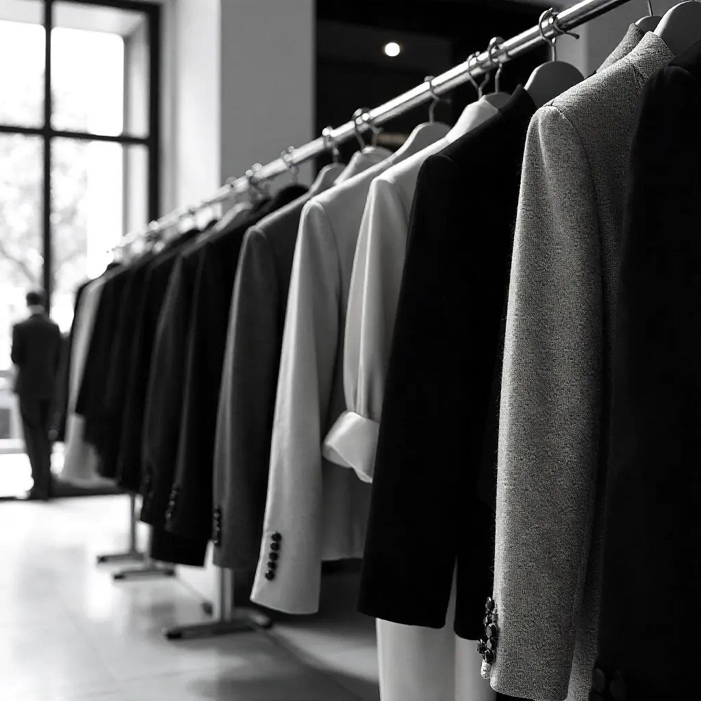 Monochrome Store Display: Elegant Clothes on Hangers