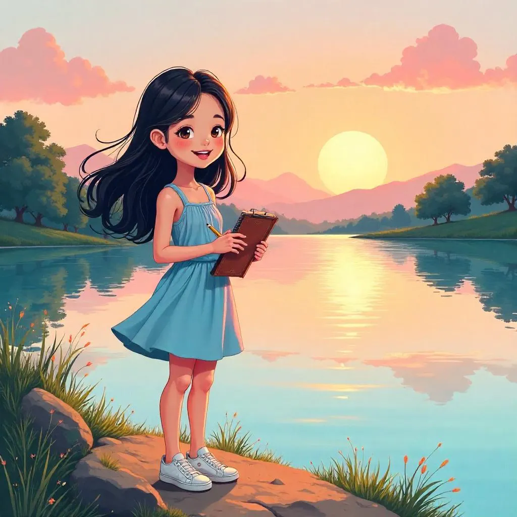 Cartoon Scene: Young Asian Woman by a Lake