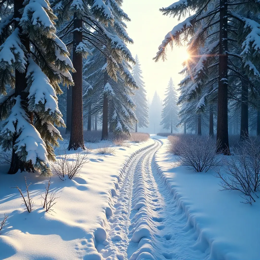 Serene Snowy Forest Path in Early Winter