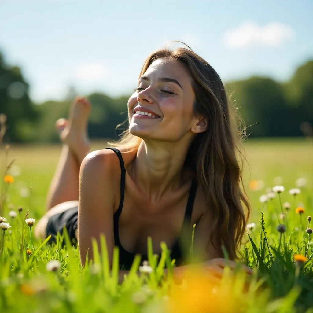 Sunlit Meadow: Young Woman in a Black Top