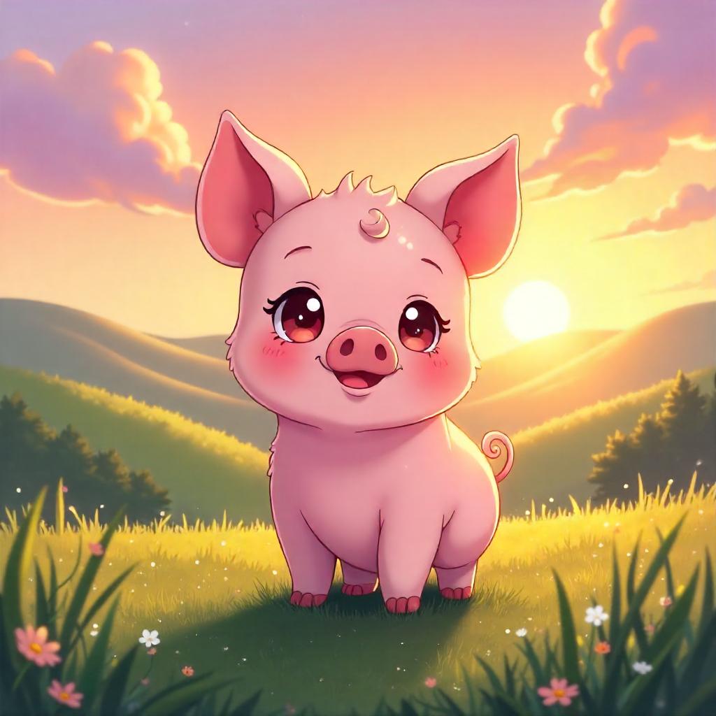 Chibi Pig at Sunrise in Anime Style