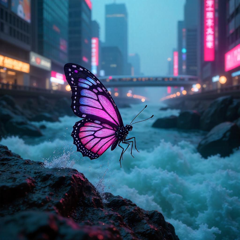 Neon Winged Butterfly by the Rushing River