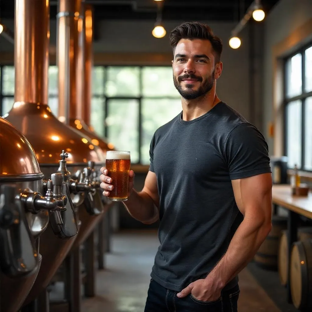 Athletic Asian Man in a Photorealistic Brewery Scene