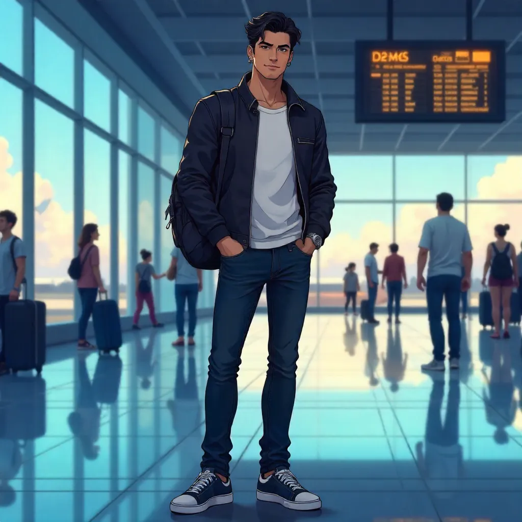 Anime-Style Latino Man in a Bustling Airport