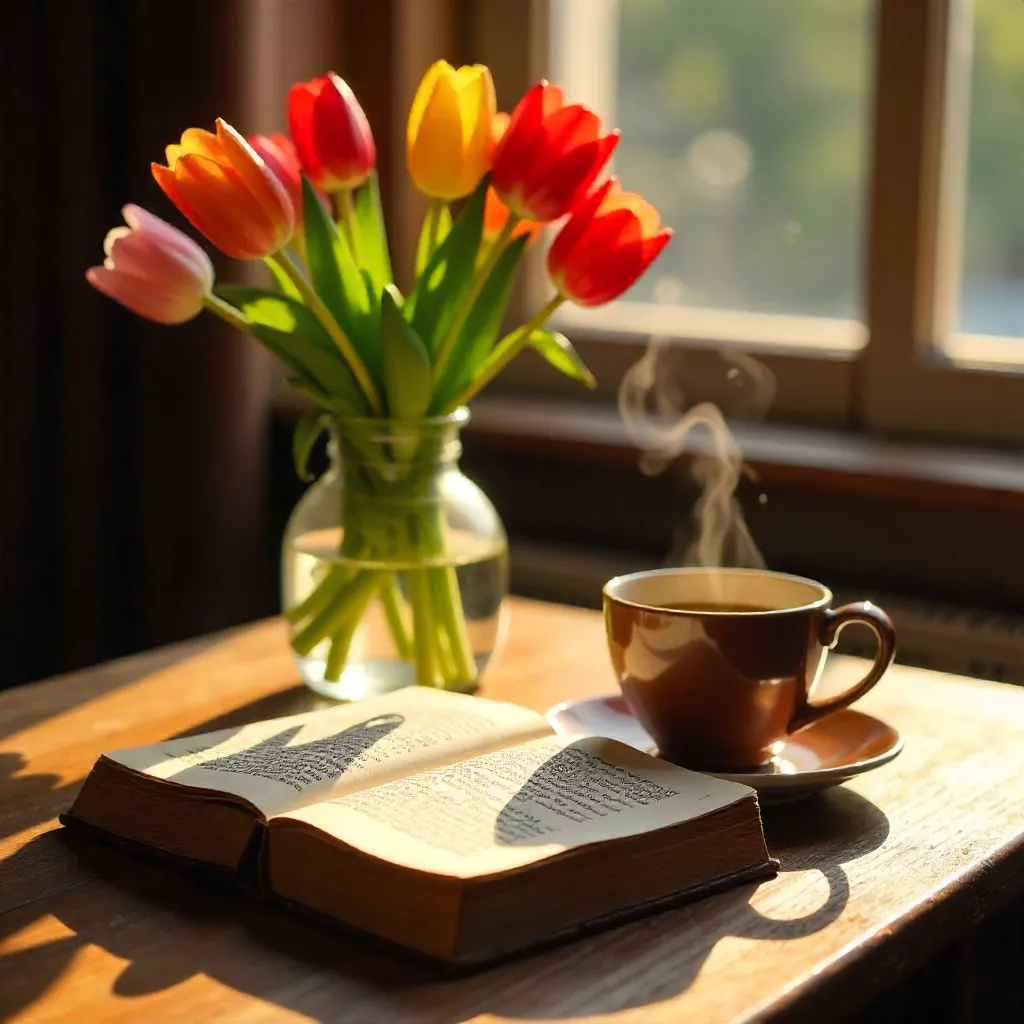 Warm Indoor Tabletop: Book, Coffee, and Tulips