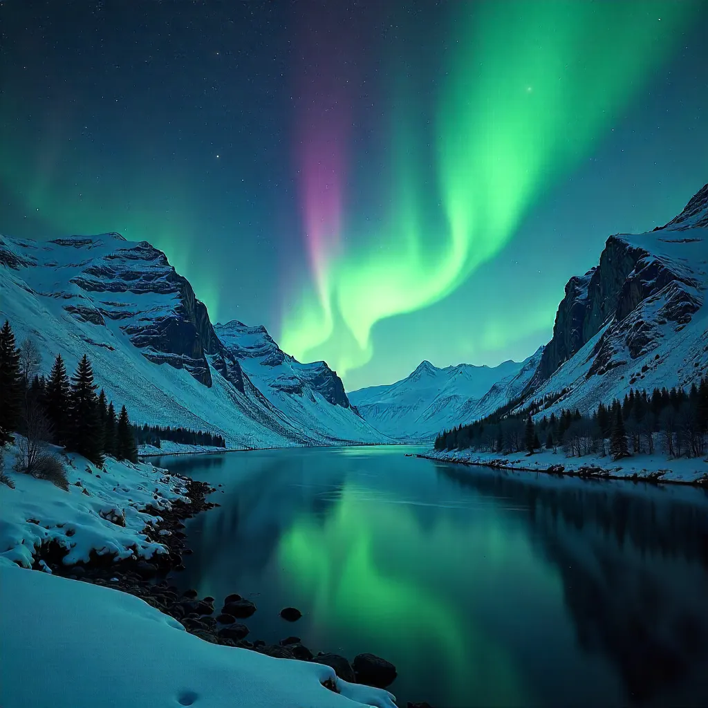 Aurora Over Norway's Snowy Mountains and Fjord Sea