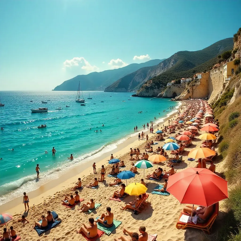 Crowded Mediterranean Beach with Colorful Umbrellas