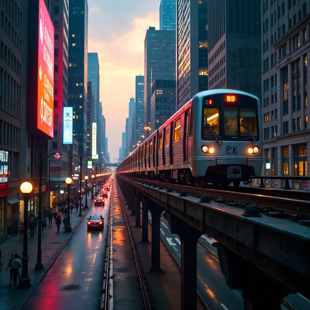 Elevated Train Through Neon City at Dusk