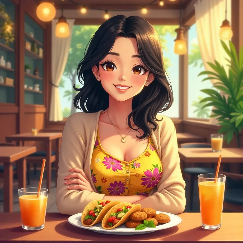 Cheerful Latina Woman in Anime Restaurant