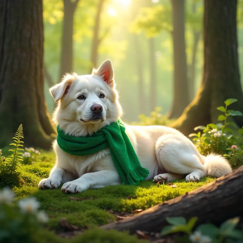 Serene White Dog in a Sunlit Forest Glade