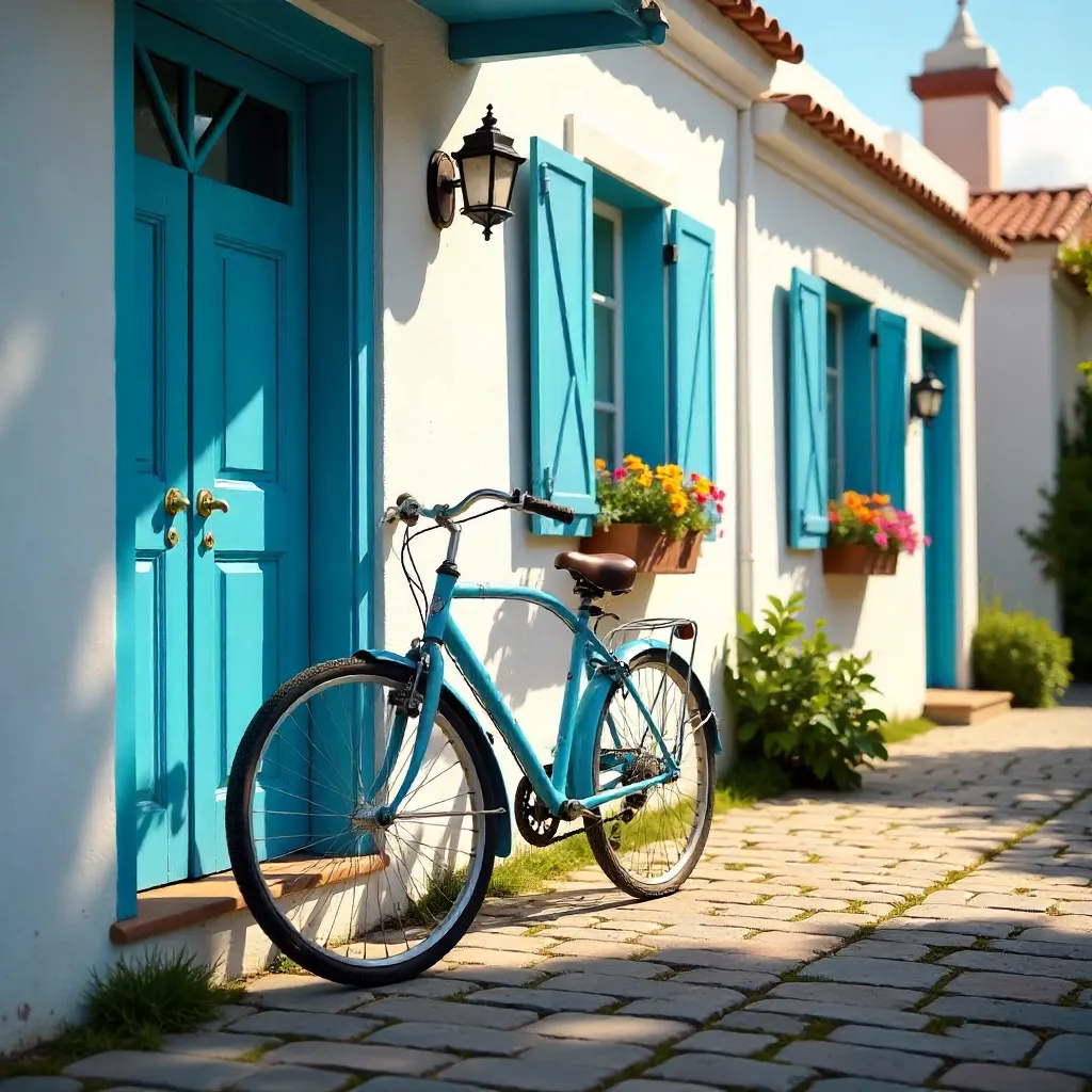 Blue Bicycle by a Sunlit White House