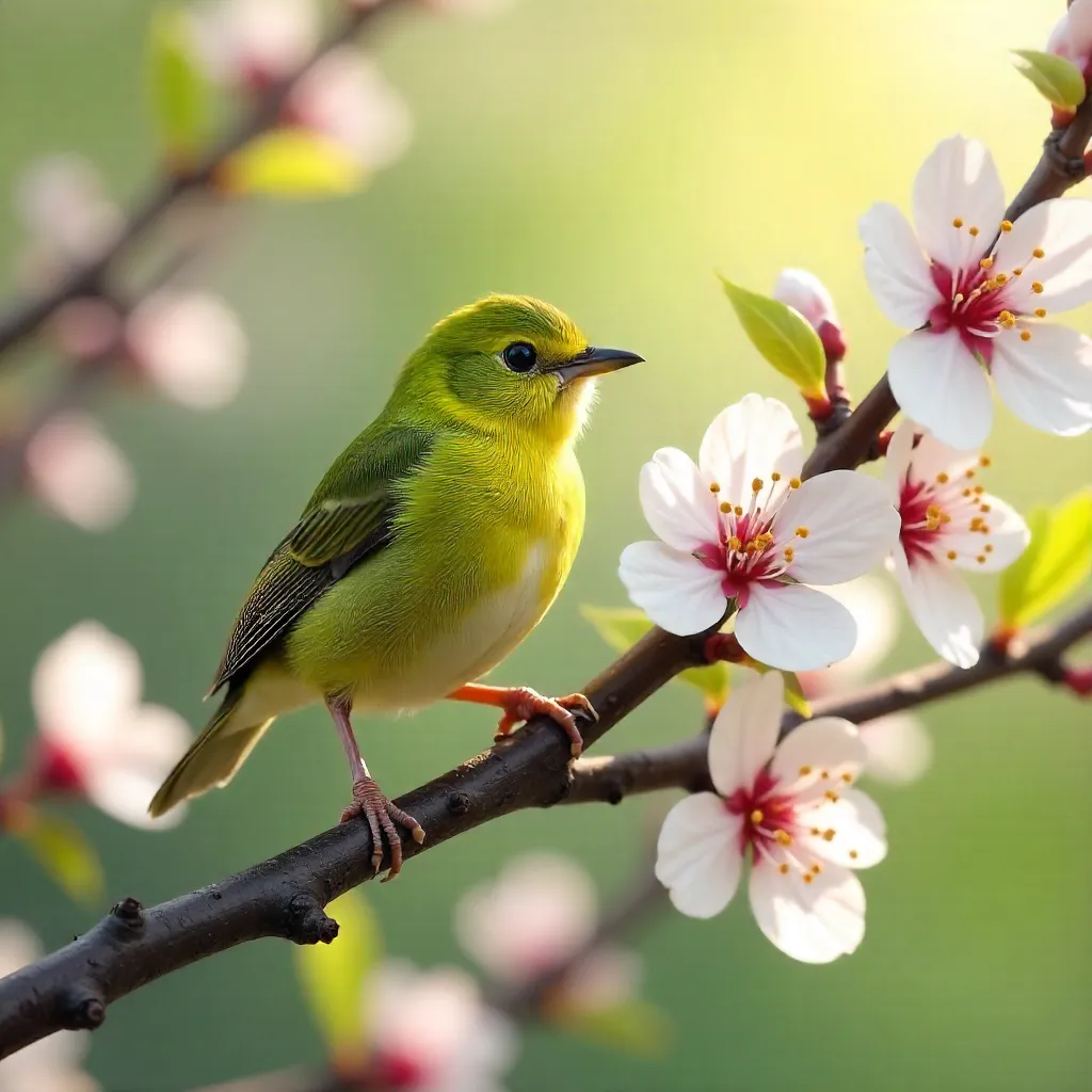 Spring Dawn: White-eye on Blossom Branch