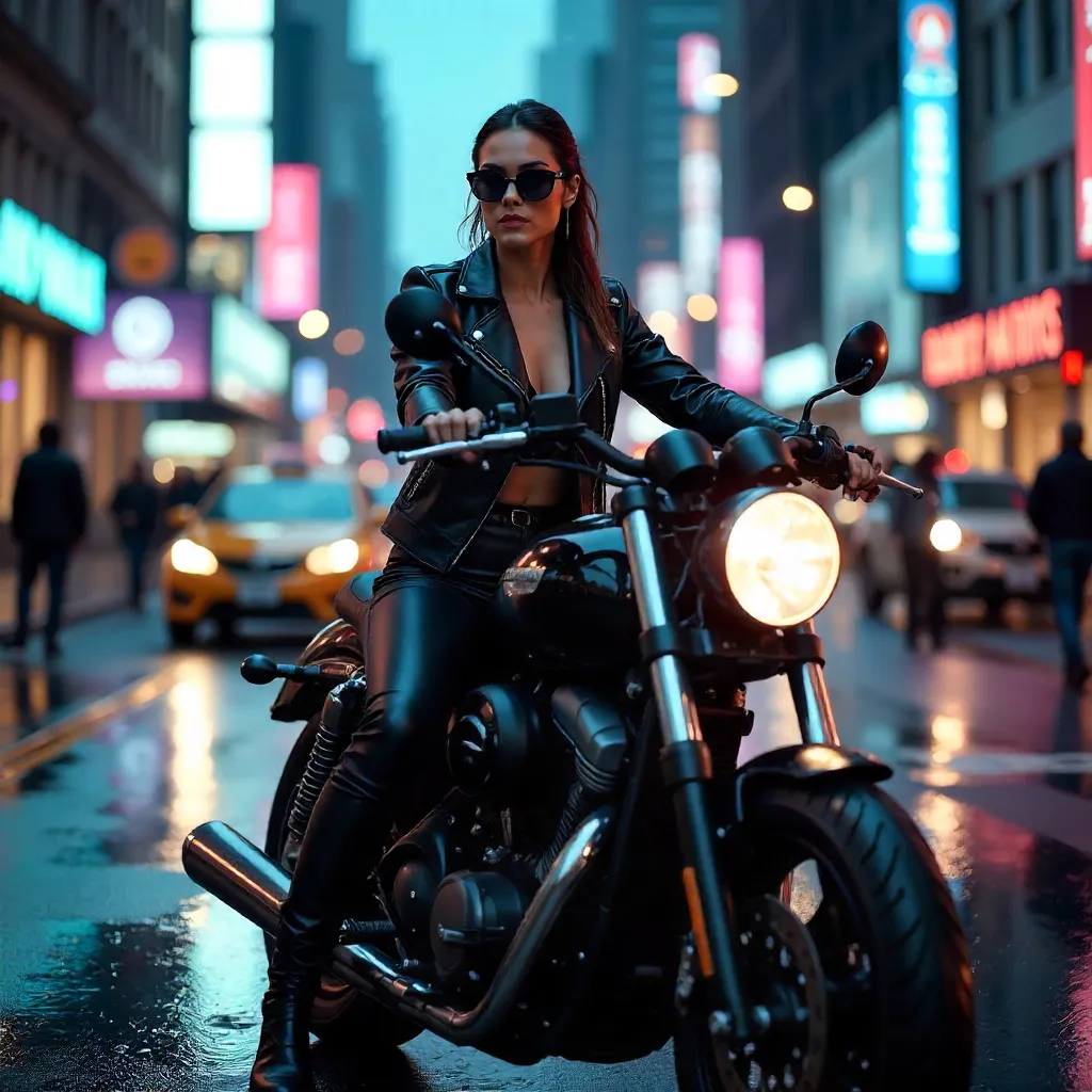 Confident Woman on a Black Motorcycle in a Bustling City Street