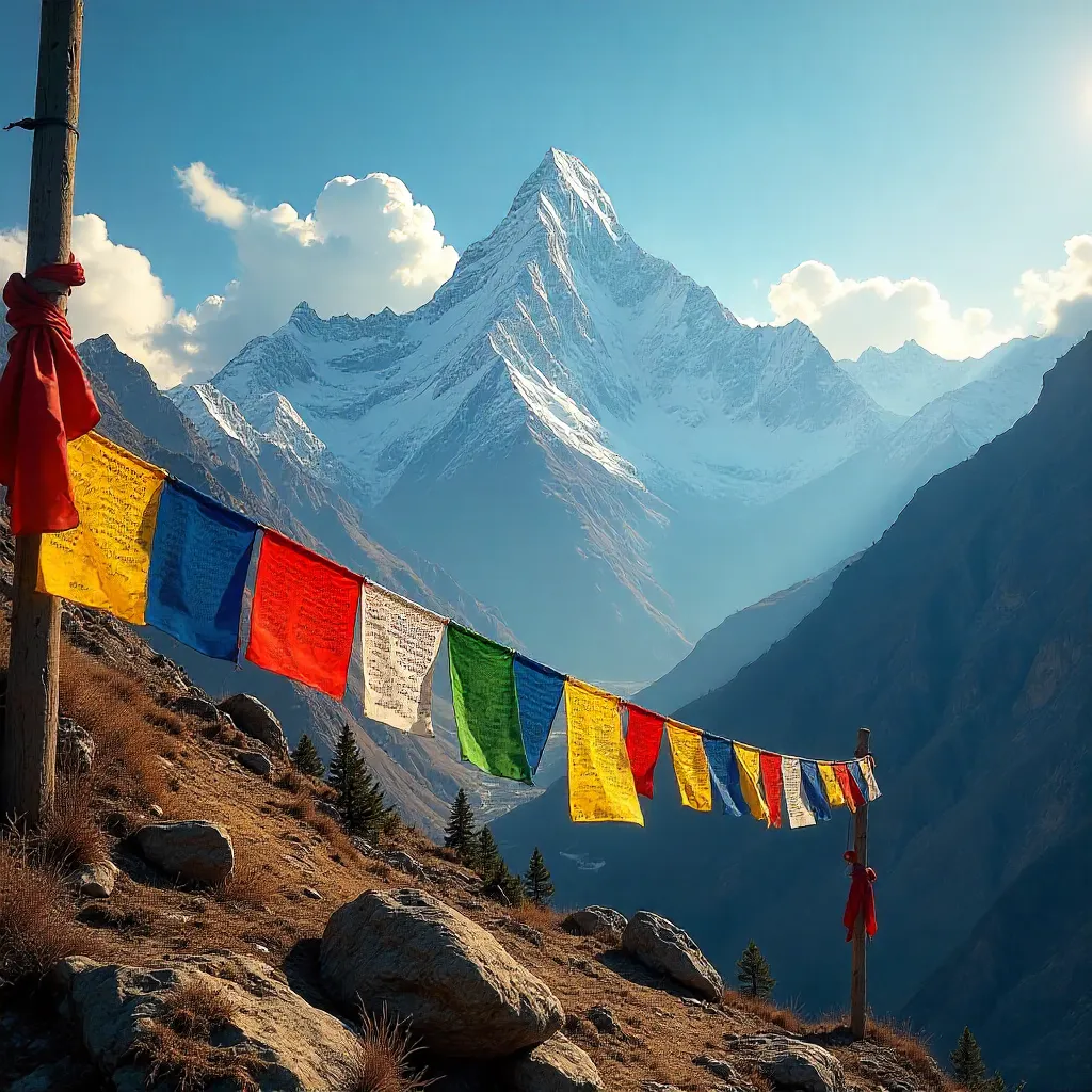 Prayer Flags Over Himalayan Peaks in Nepal