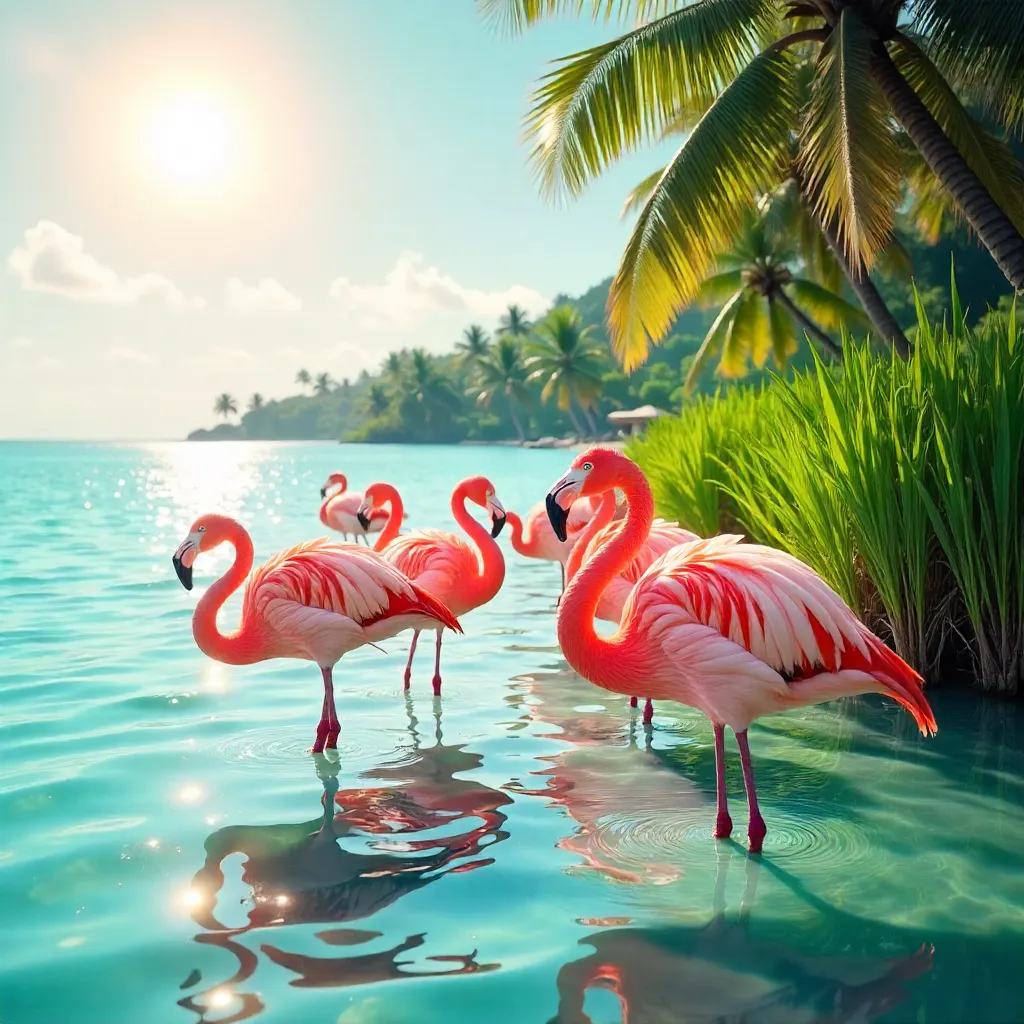 Sunlit Flamingos Resting in Vivid Plumage