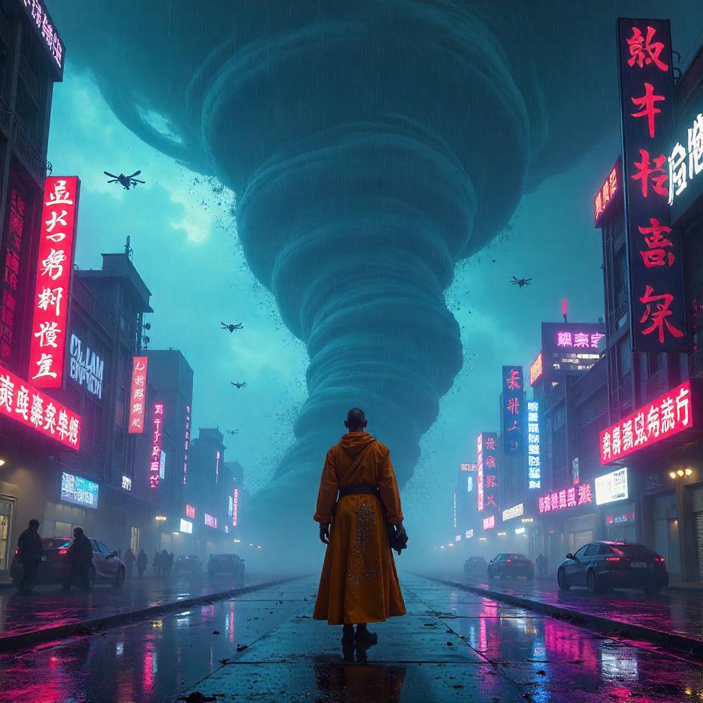 Cyberpunk Monk Amid a Whirling Neon Tornado