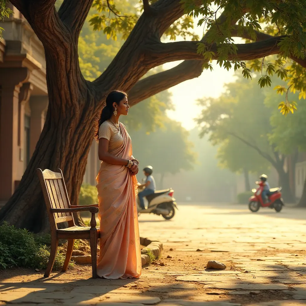 Woman by a Wooden Chair Under a Sprawling Tree in Delhi