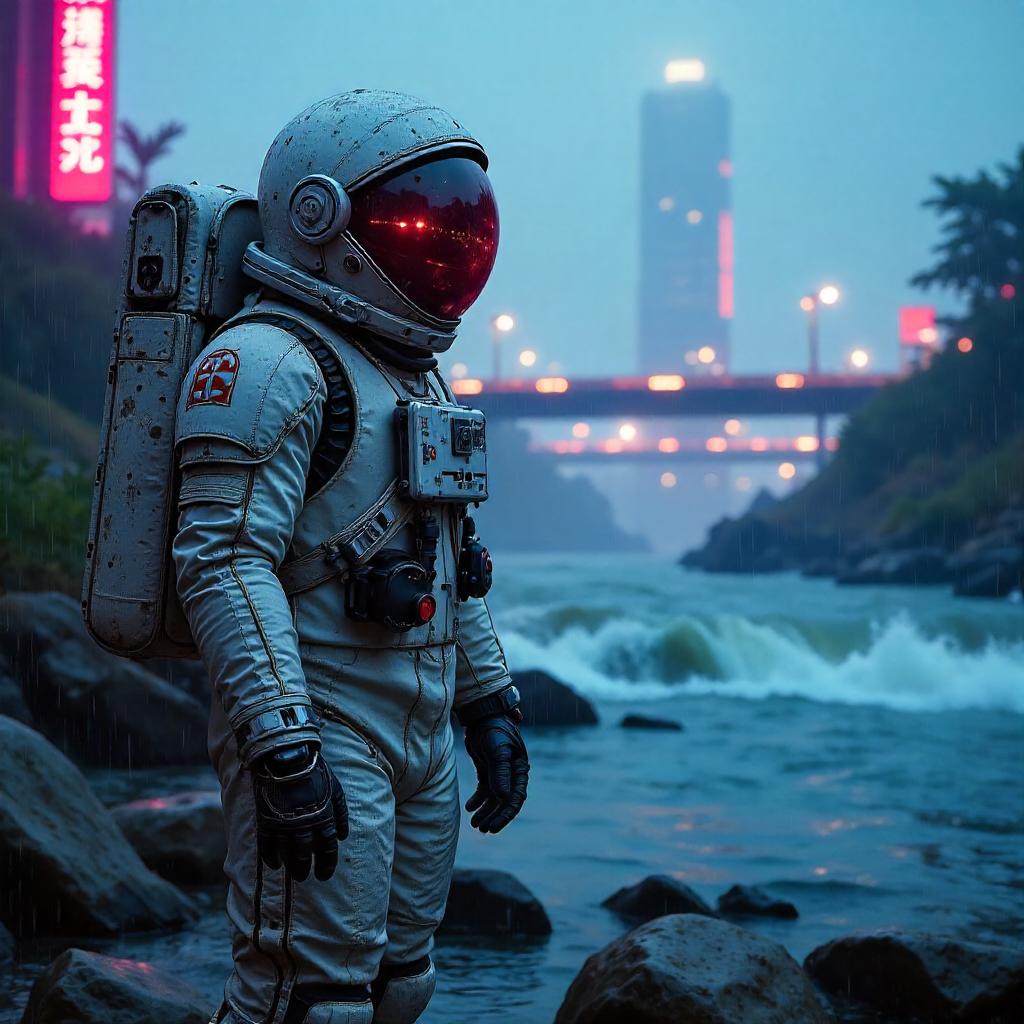 Neon Riverfront Astronaut in Cyberpunk Rain