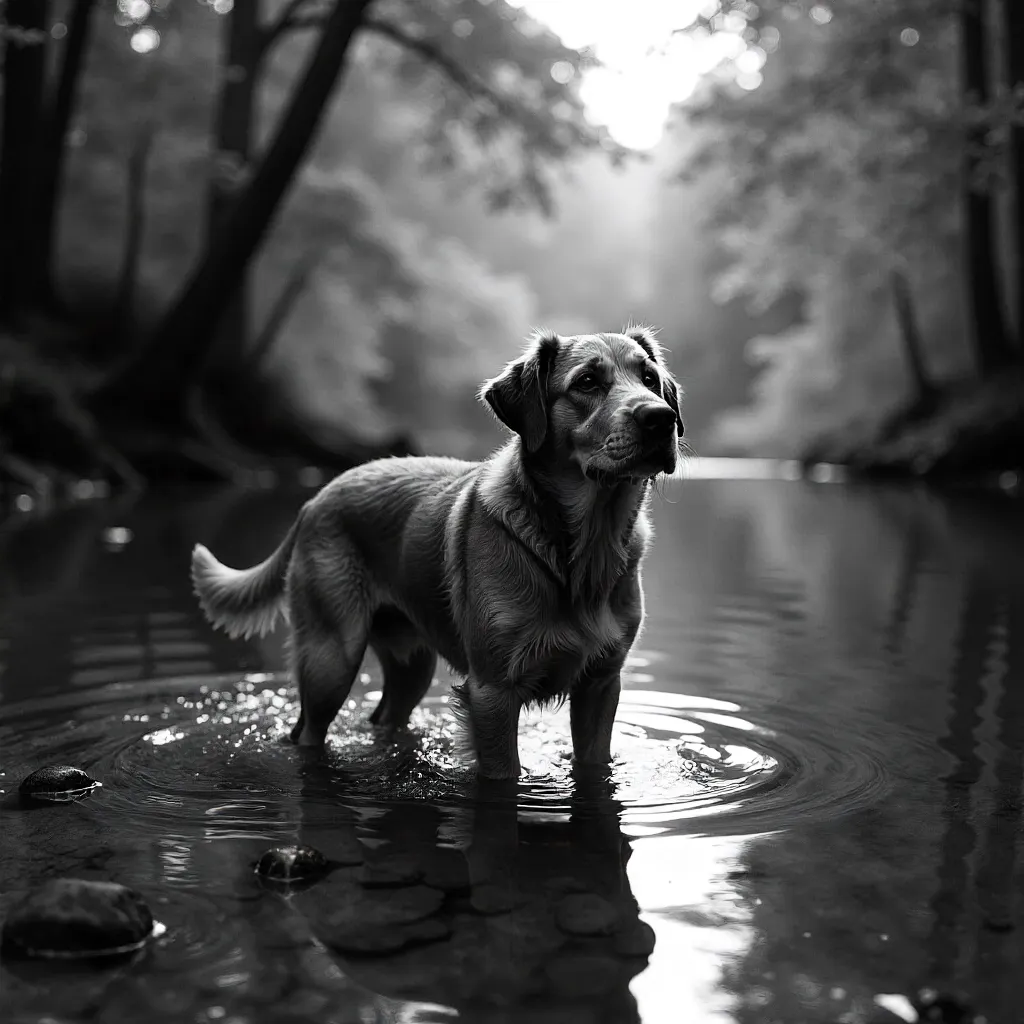 Monochrome River Scene: Dog Among Forest Trees