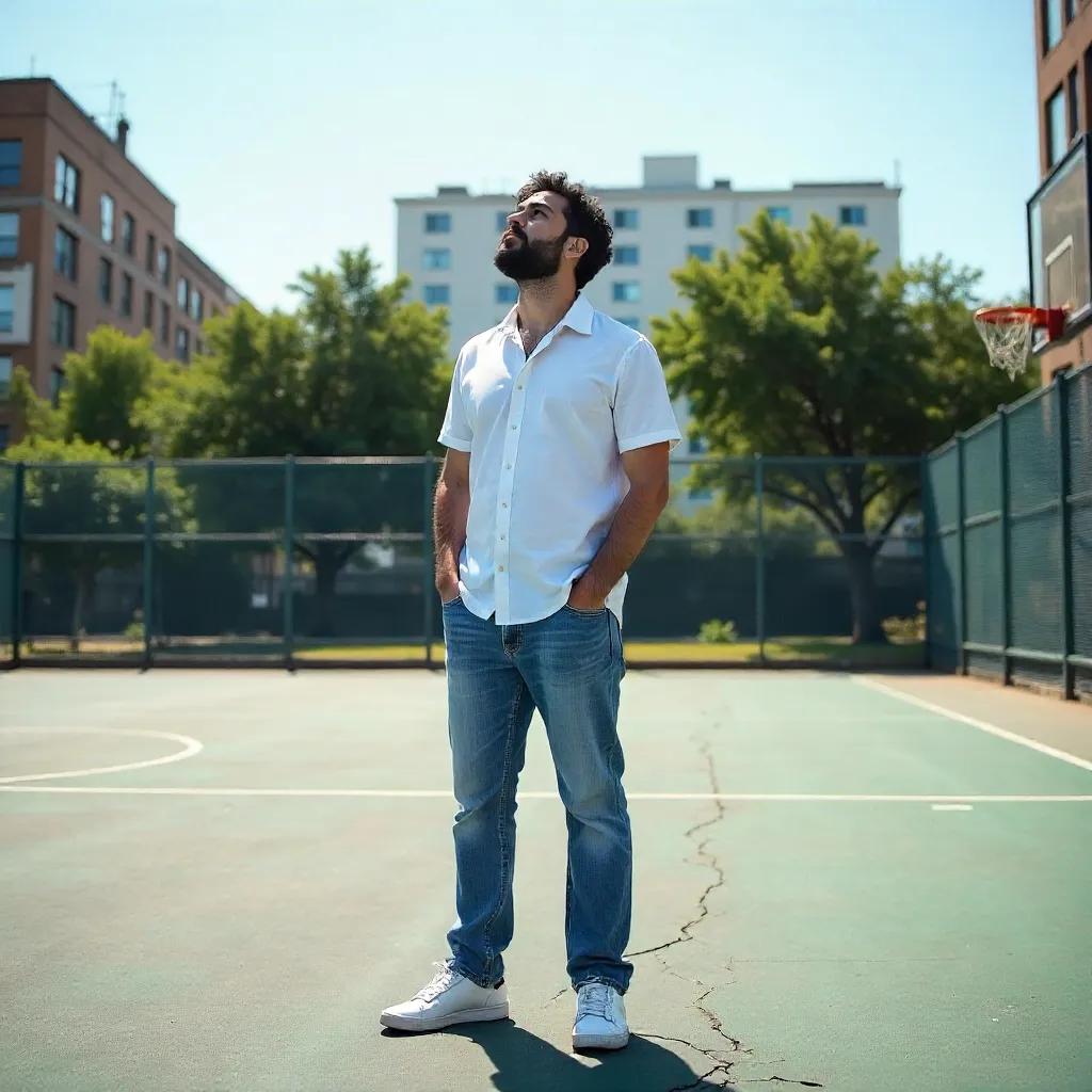 Man on Outdoor Sports Court Looking Up