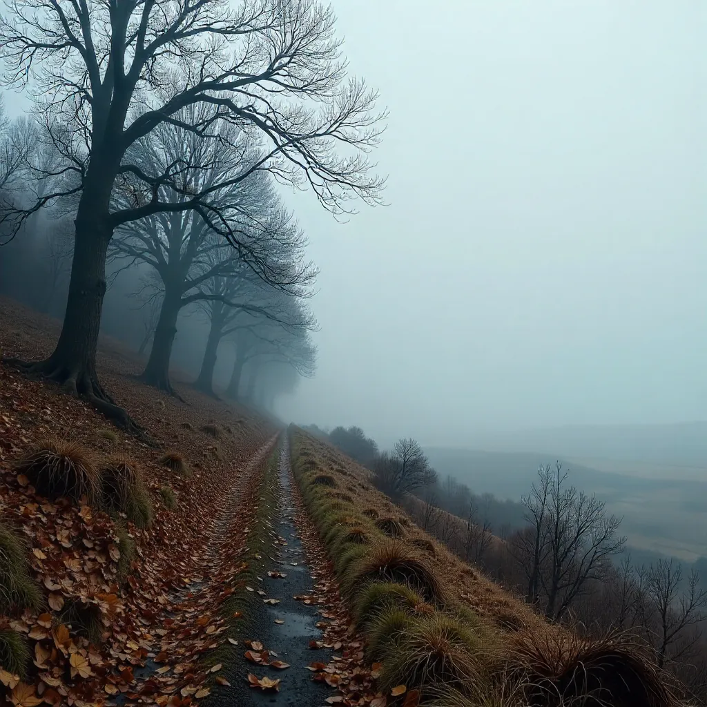 Autumn Fog over Serene Bare Tree Landscape