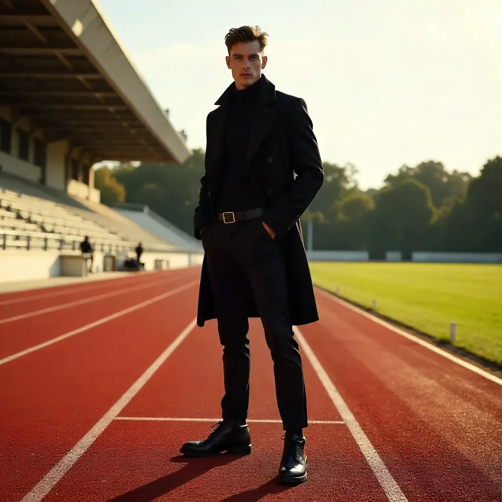 Confident Man in Black on a Red Outdoor Track