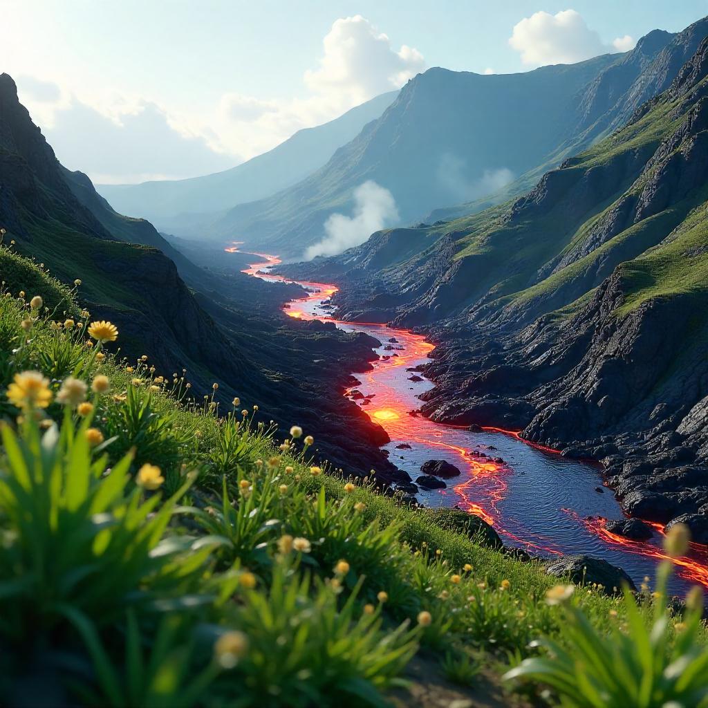 Meadow Edge Meets Lava Flow: 3D Render