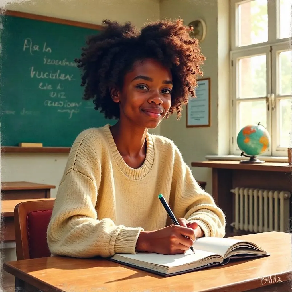 Watercolor Portrait of a Young Black Woman in a Classroom