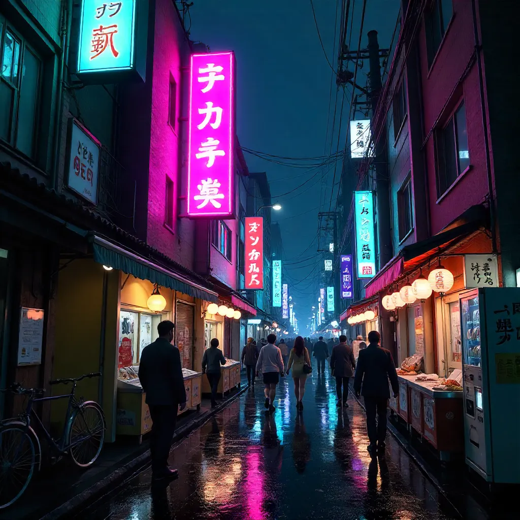 Neon Night on a Bustling Japanese Karaoke Street