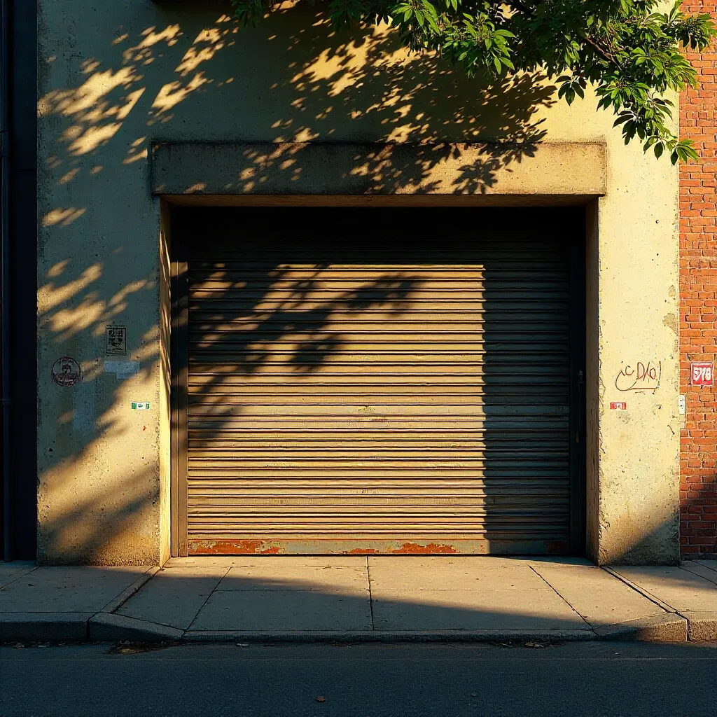 Sunlit Tree-Shadowed City Garage Entrance