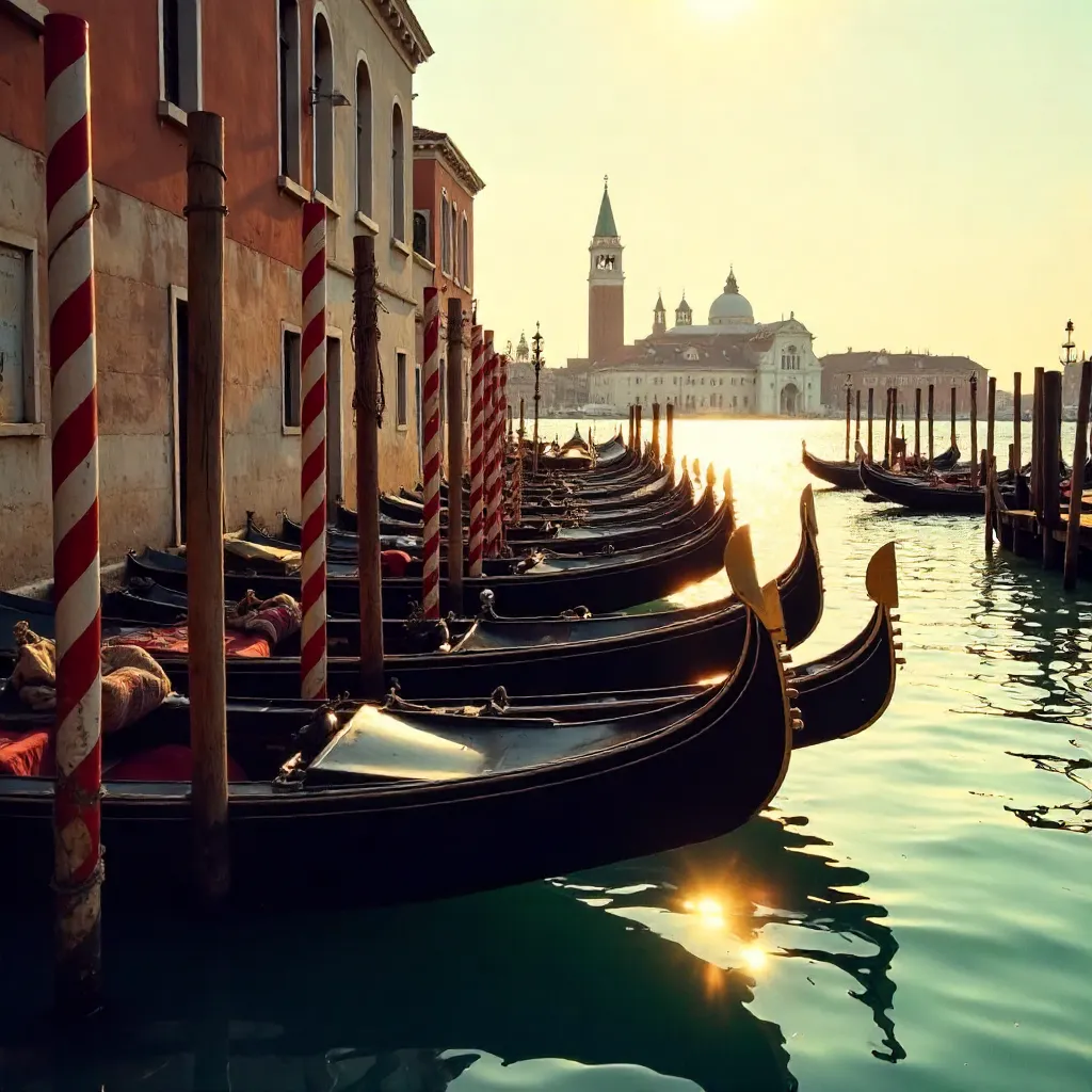 Elegant Gondolas in a Venice Canal at Golden Hour