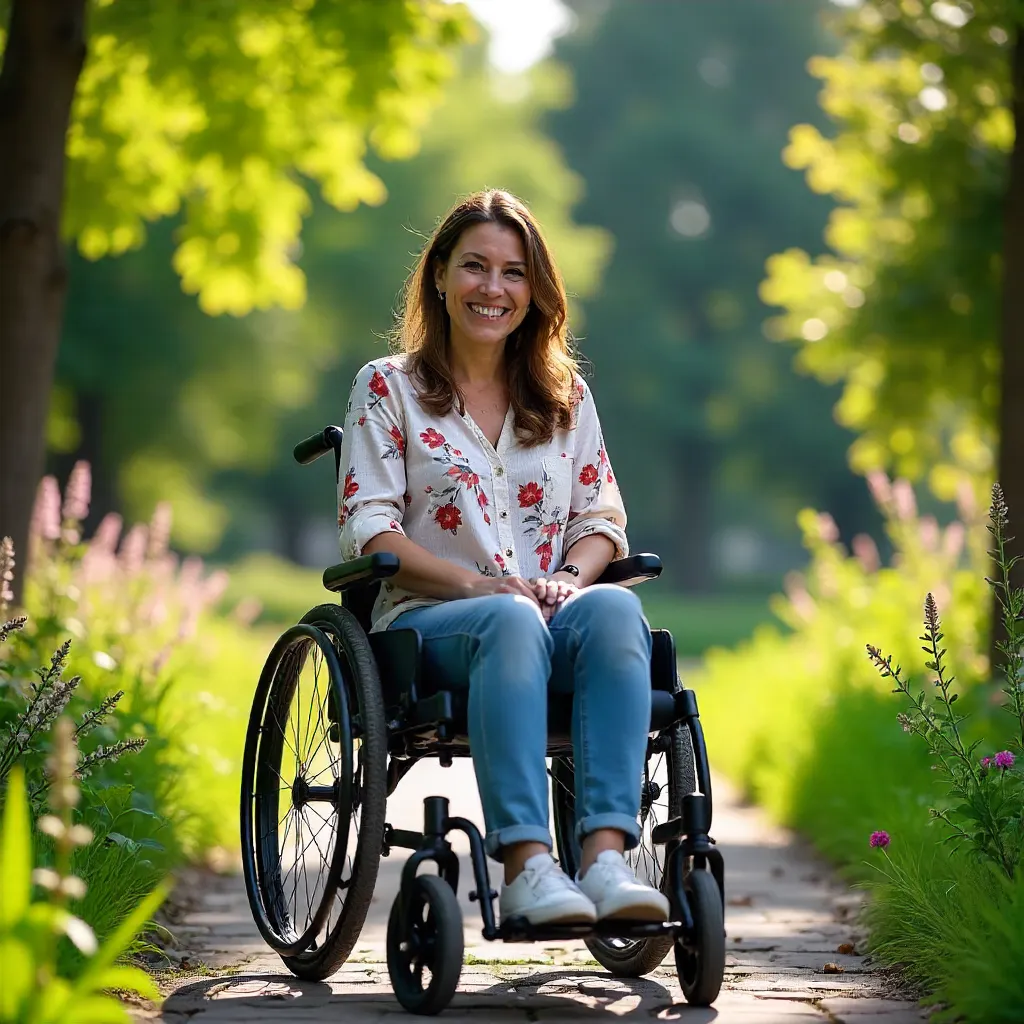 Smiling Woman in Wheelchair in a Lush Garden