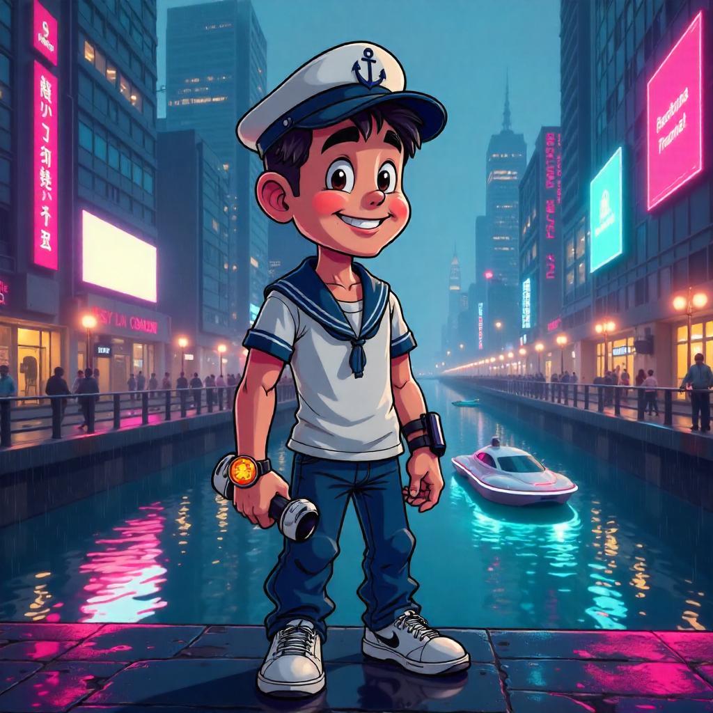 Cartoon Sailor in a Neon Futuristic City