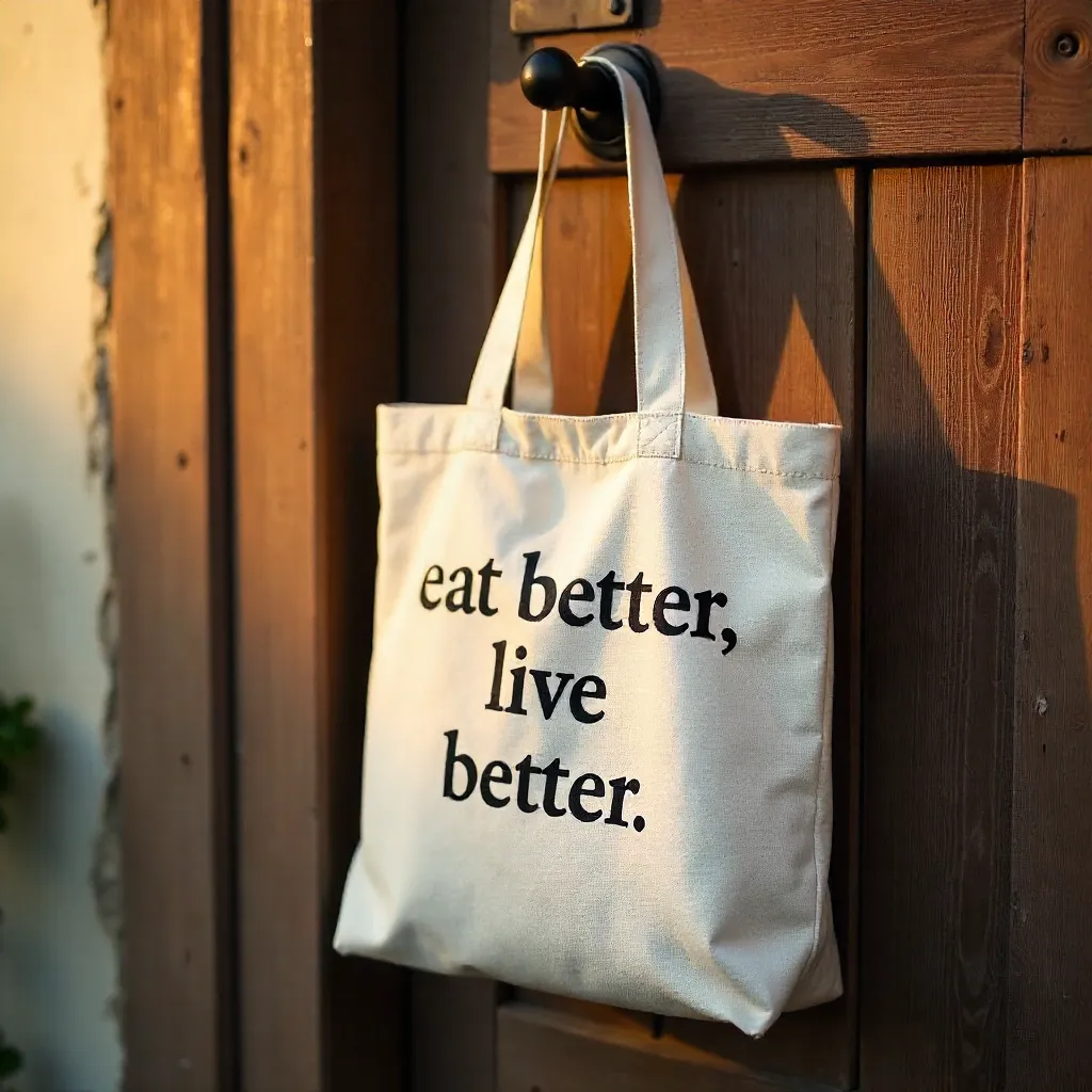 Eat Better, Live Better Tote on Rustic Door