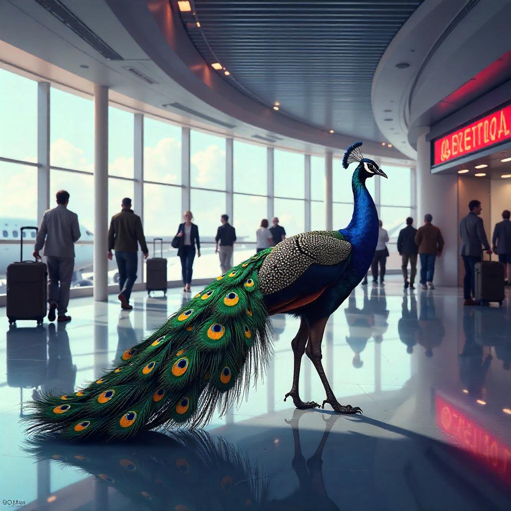 Feathered Traveler in a Neon Airport