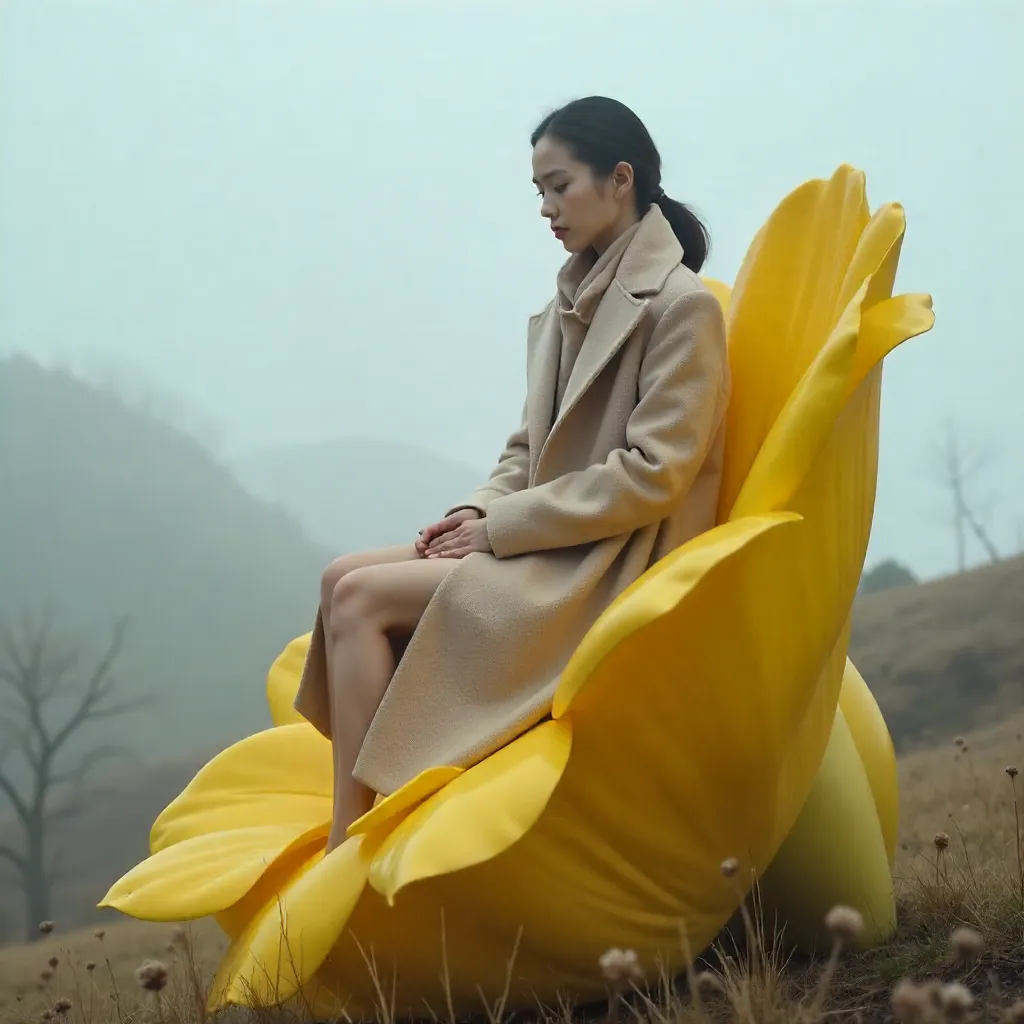Young Woman on a Giant Yellow Flower in Fog