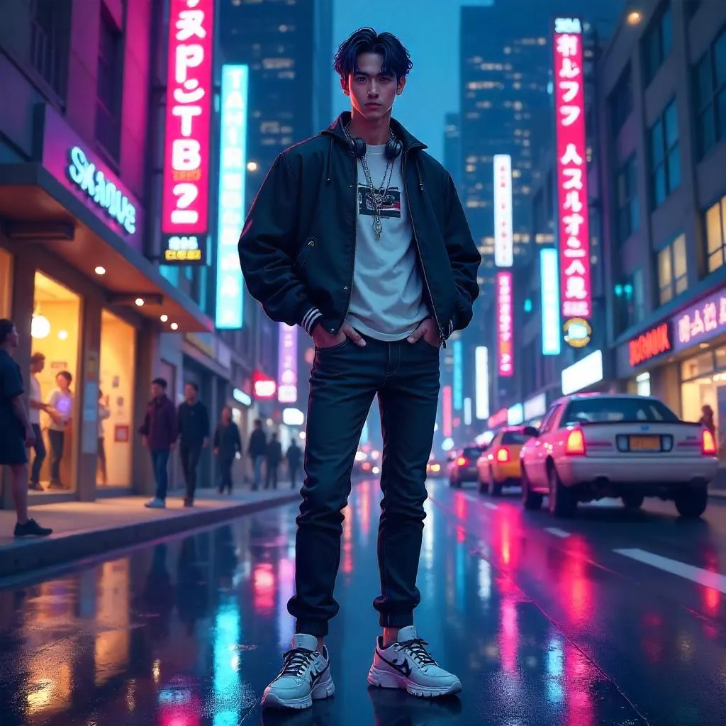 Neon Downtown Fashion: An Anime-Style Stylish Asian Man