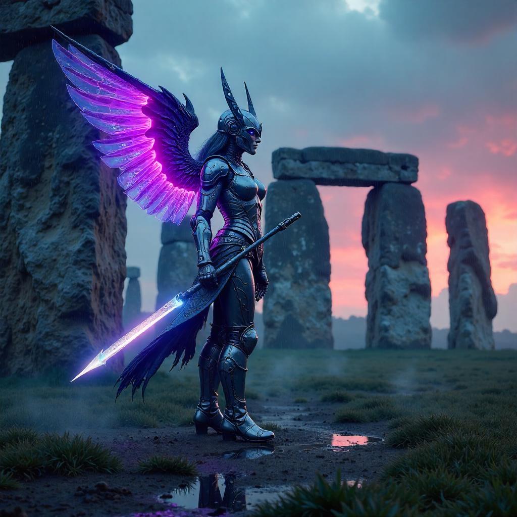 Neon Valkyrie at Stonehenge: Cyberpunk Rite
