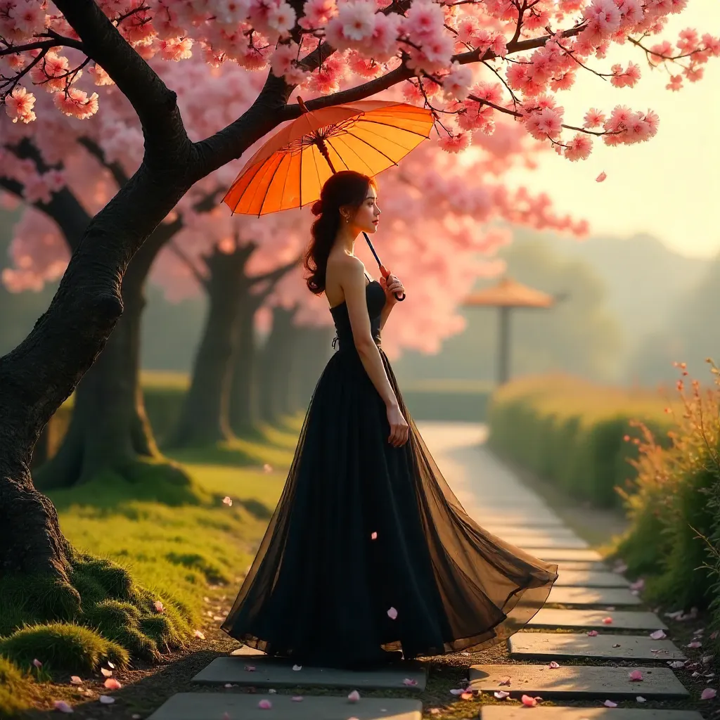 Spring Elegance: Woman in Black with Orange Parasol by Cherry Blossoms