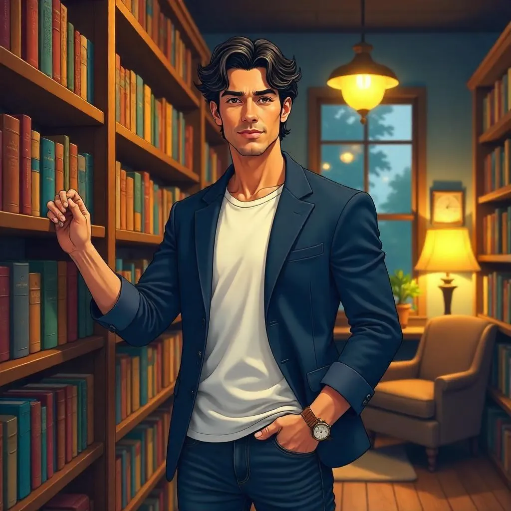 Handsome Latino Man in a Cozy Anime Bookstore