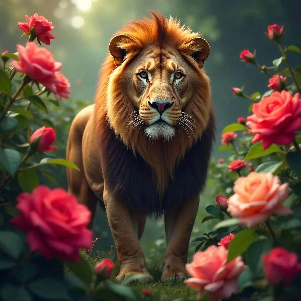 Regal Lion in a Dreamy Rose Garden Digital Art