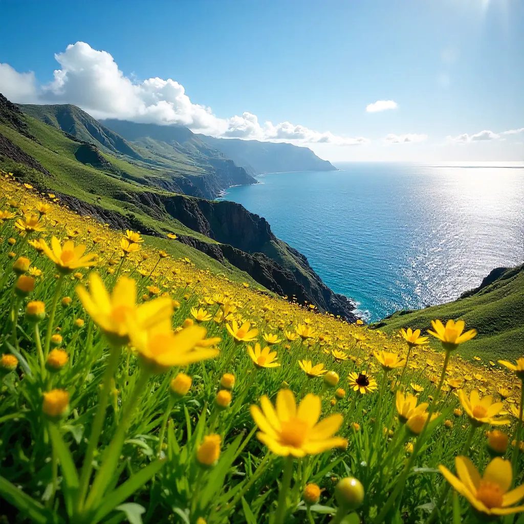 Bright Yellow Wildflowers on Madeira Hillside
