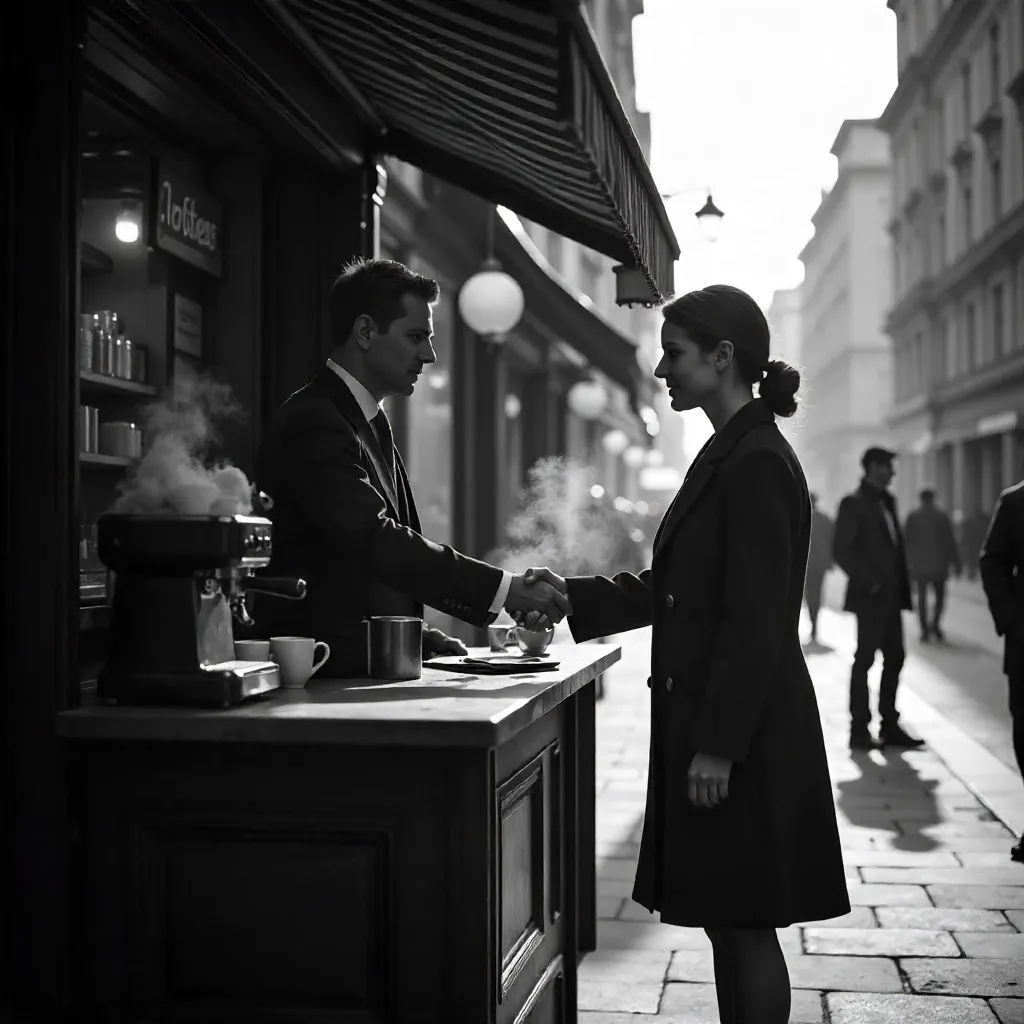 Monochrome Handshake at a Coffee Stand