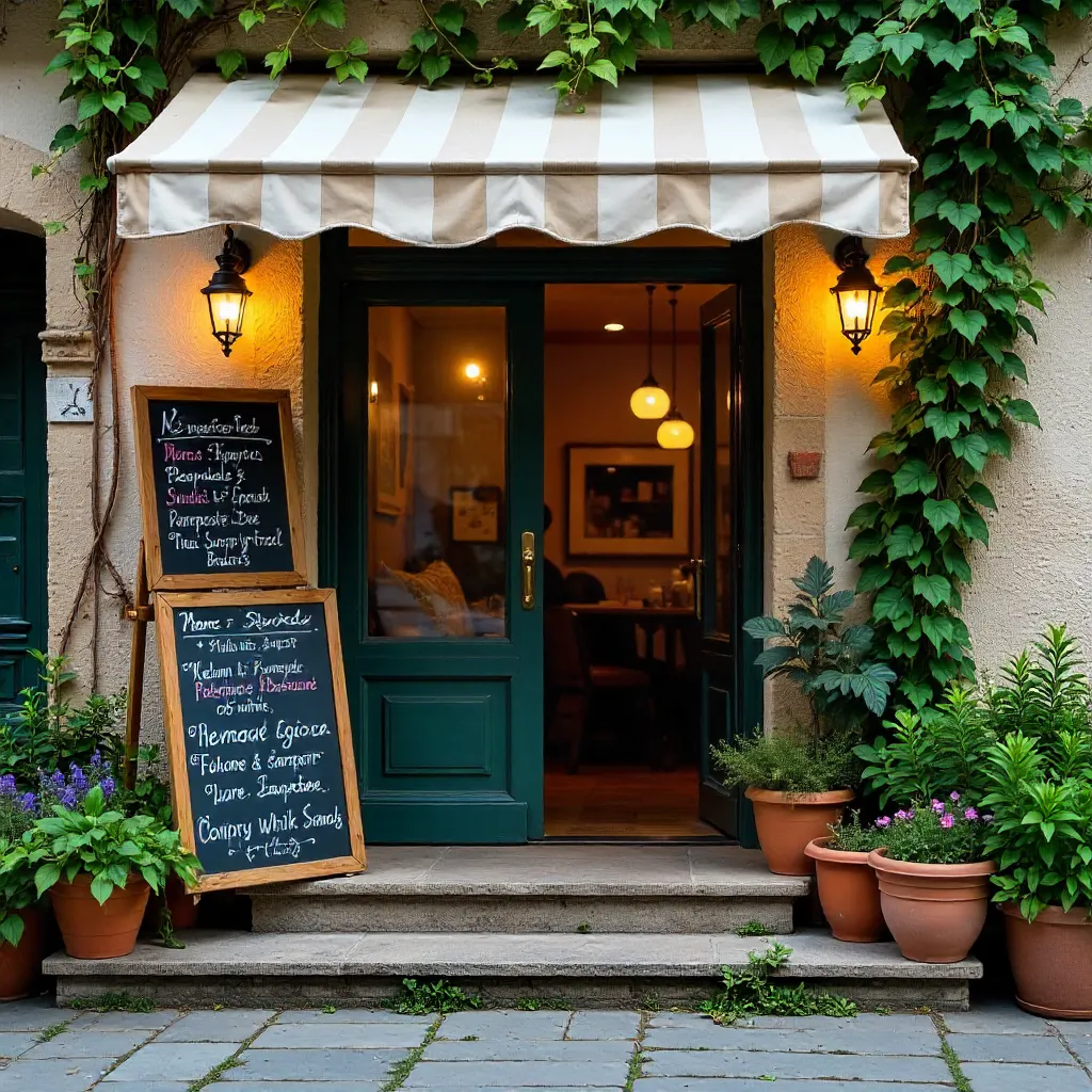 Cozy Cafe Entrance with Plants and Rustic Menu Board